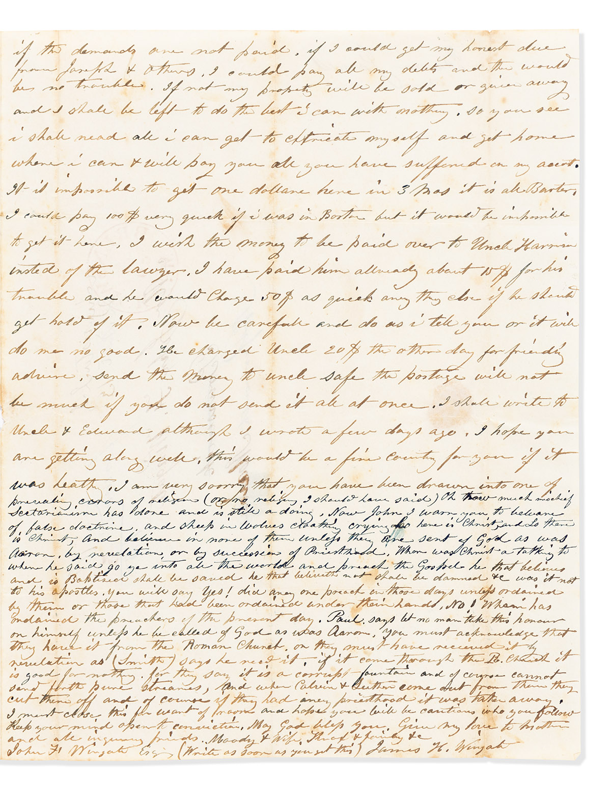 (MORMONS.) Edward B. and James H. Wingate. Letters by two early Boston converts, describing travel to Nauvoo and arguing theology.